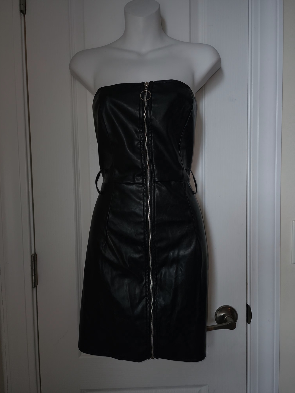 Strapless Black Faux Leather Zip-Front Dress